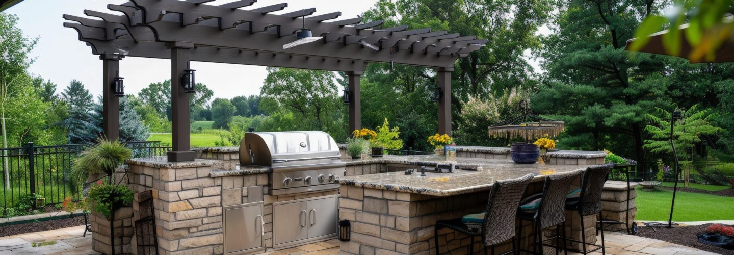 An outdoor kitchen with a built-in grill, stone countertops, and a pergola, perfect for enjoying meals in the fresh air. An outdoor kitchen with a built-in grill, stone countertops, and a pergola, perfect for enjoying meals in the fresh air.
